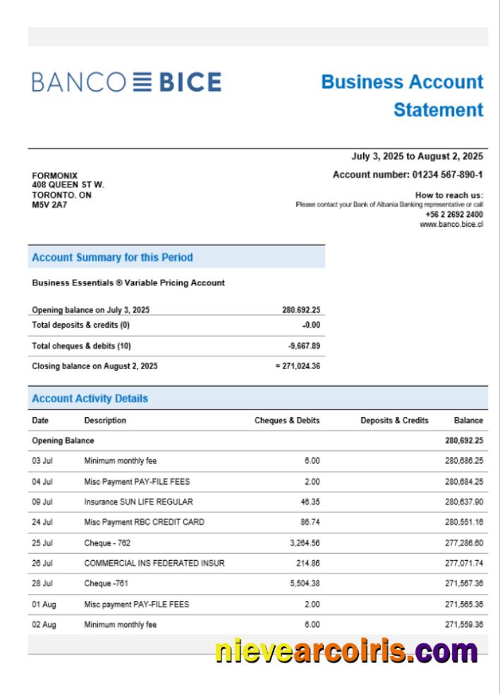 Chilean Banco Bice business firm account bank statement